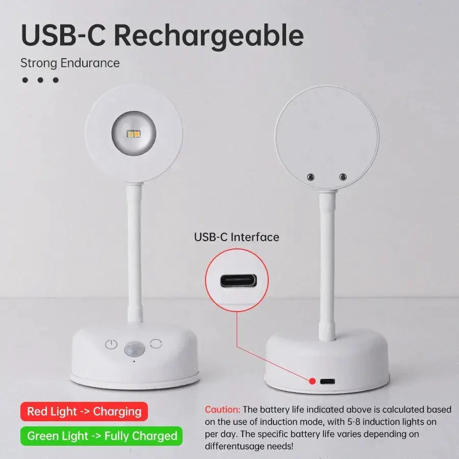 Simples Market night light with motion sensor, USB-C rechargeable, white circular LED head.
