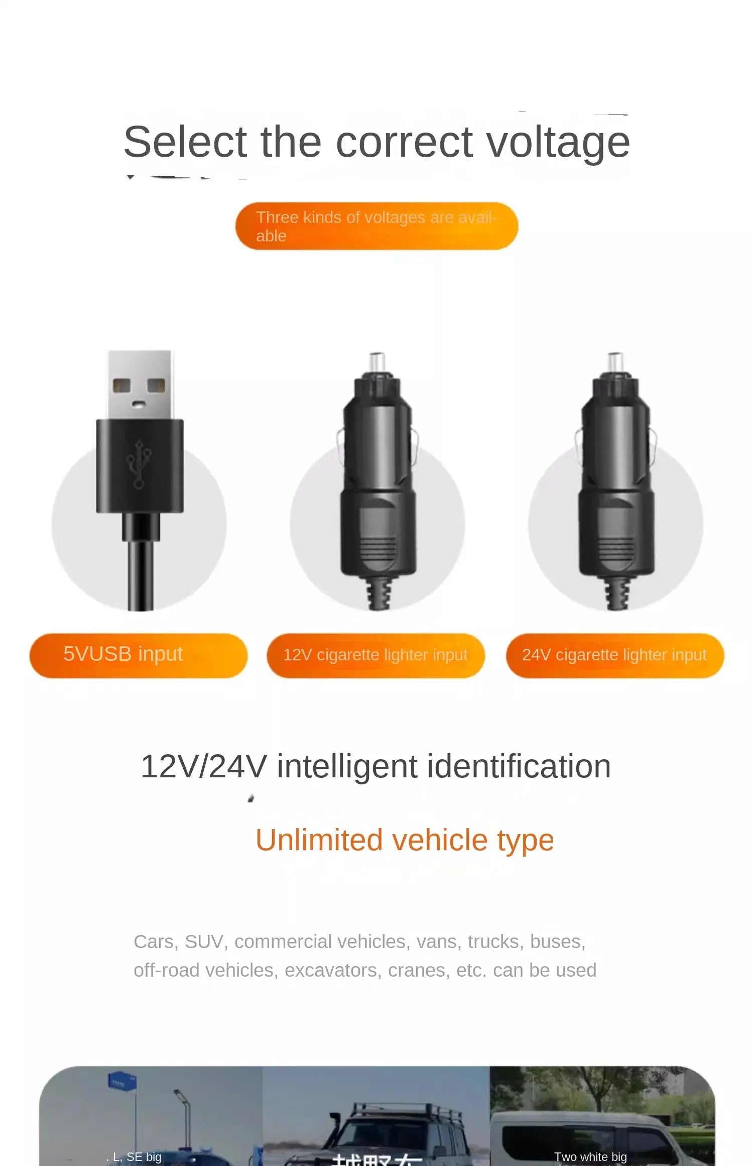 Simples Market car fan with 3-head design; shows 5V USB, 12V and 24V cigarette-lighter inputs