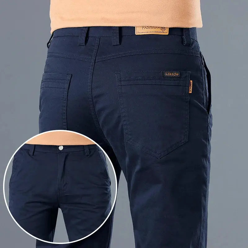 Men's navy cotton casual pants with slim straight fit by Simples Market