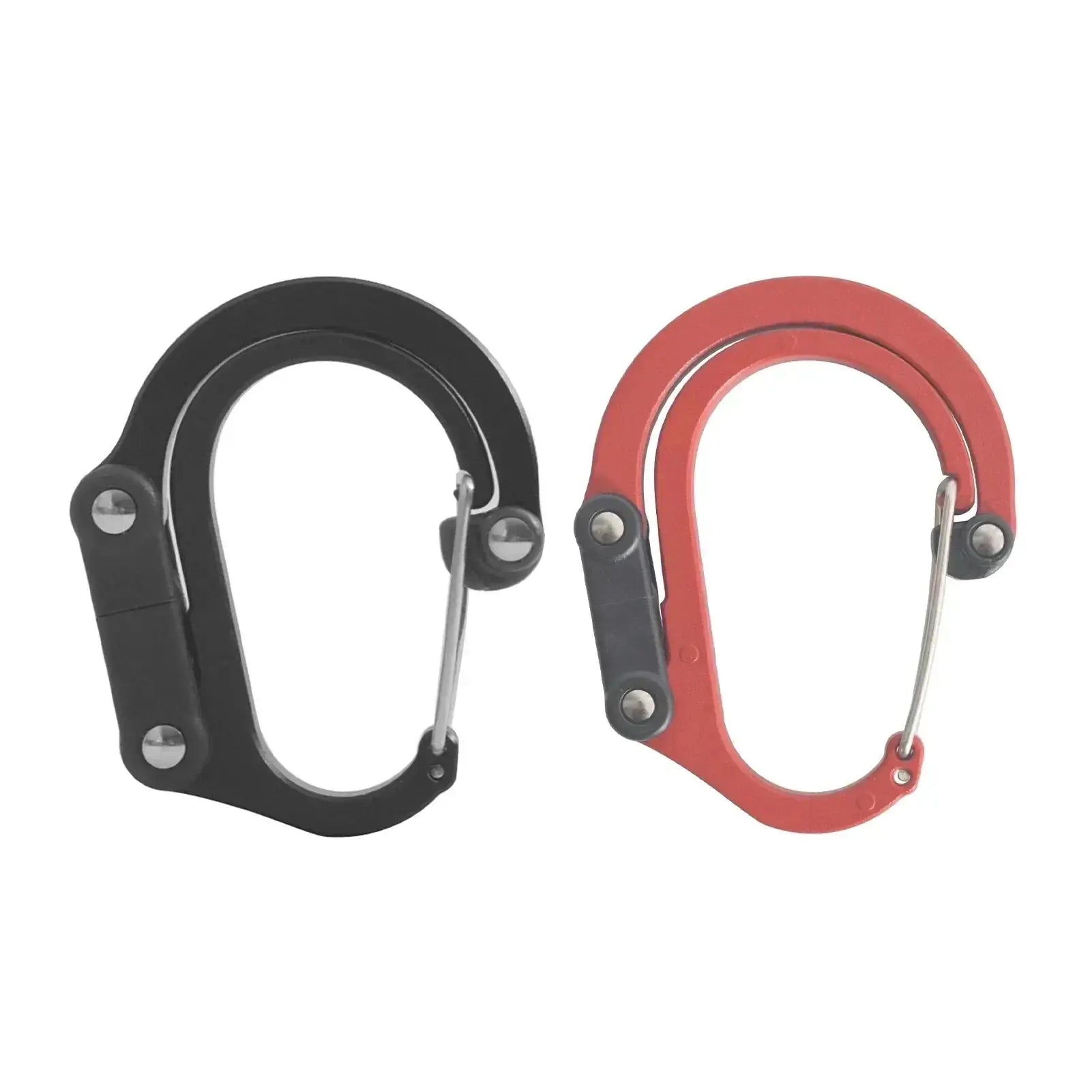 Two rotating carabiner hooks, heavy-duty, black and red, outdoor camping gear by Simples Market