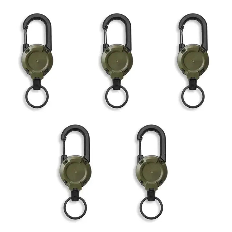 Five Simples Market retractable key reel carabiners in olive green with black carabiner and ring.