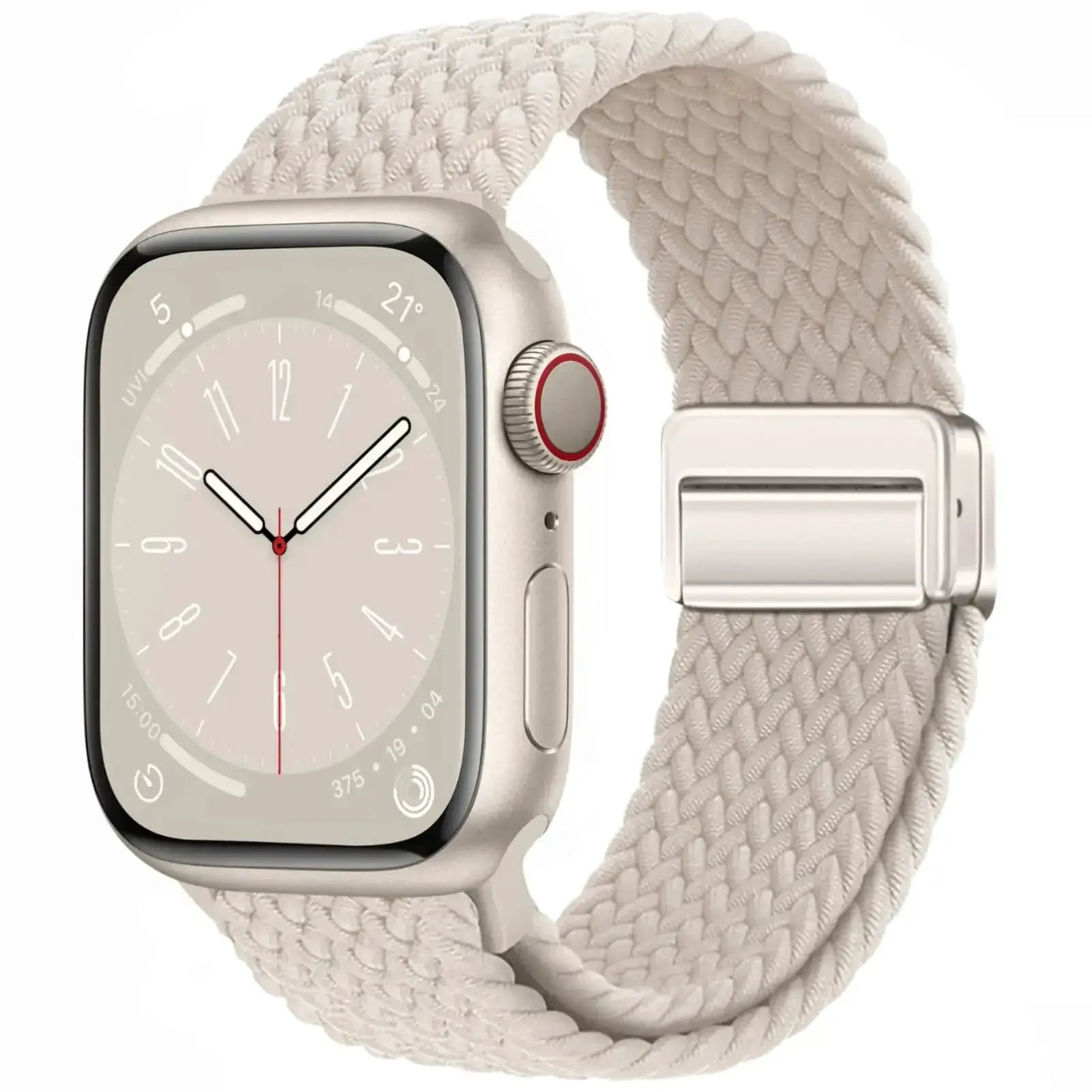 Braided Apple Watch band; beige braided nylon with metal buckle, fits 38–49mm Apple Watch sizes.