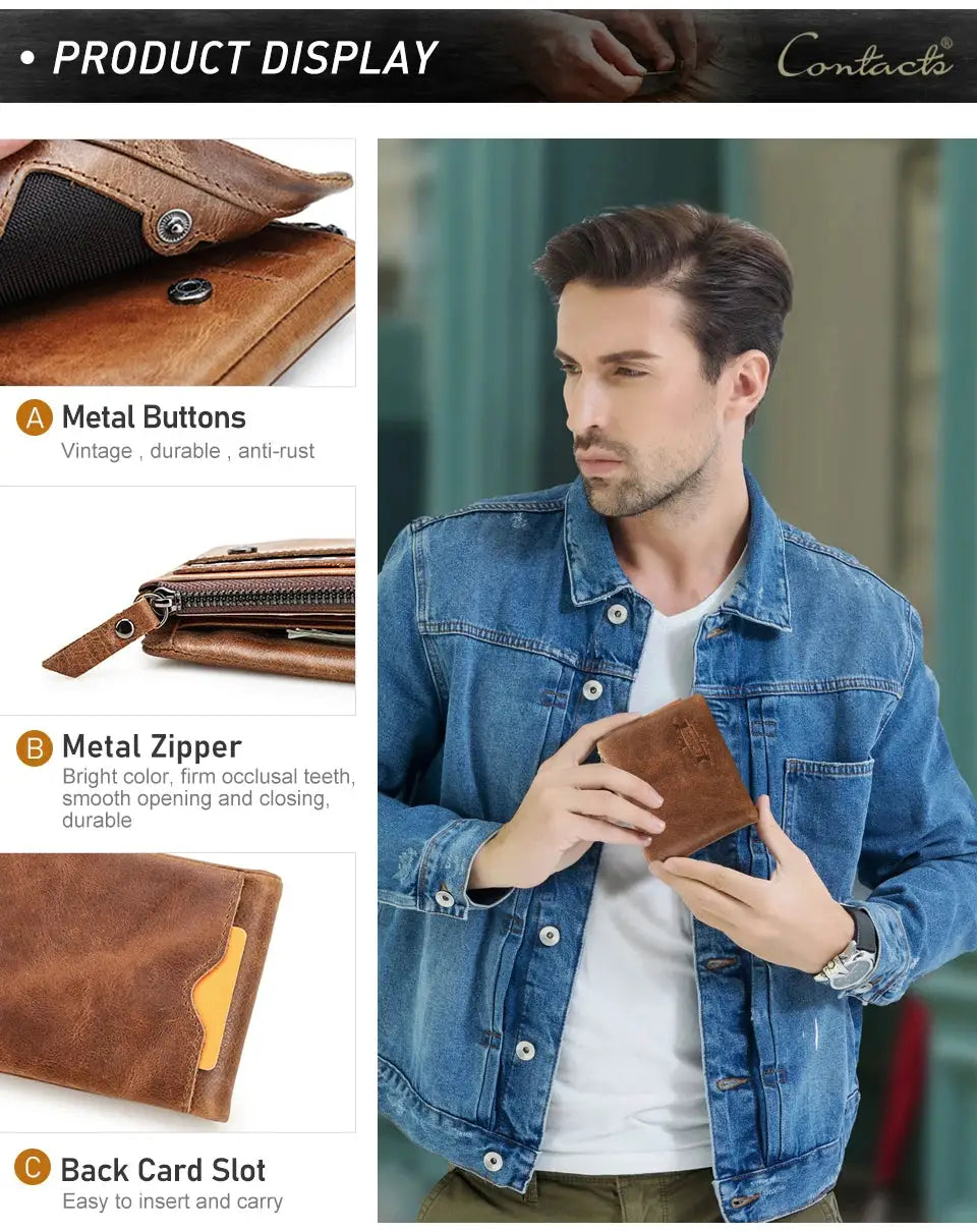 Contacts genuine Crazy Horse leather men's wallet, vintage brown cowhide trifold with zip coin pocket