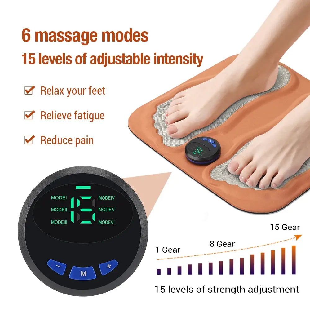 Simples Market 3D Smart Foot Massage Pad with 6 modes and 15 intensity levels; orange mat with foot pockets and control dial.