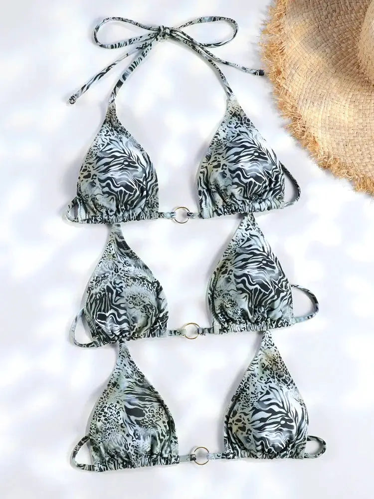 Simples Market zebra print triangle bikini set with halter ties and ring accents (set of 3)