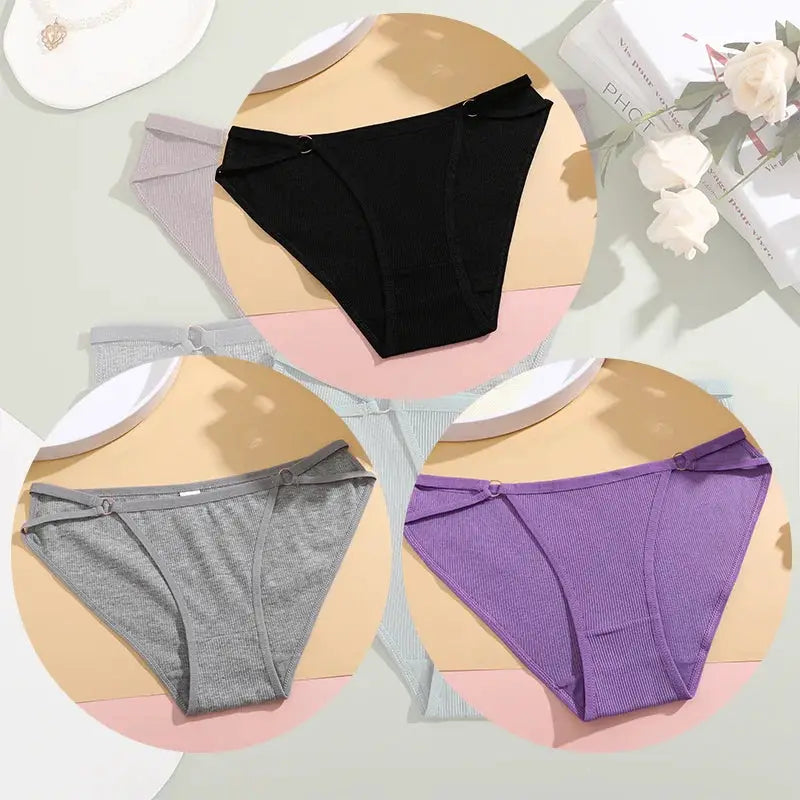 Simples Market women's cotton briefs set of 4 breathable underwear in black, gray, purple, and light gray.