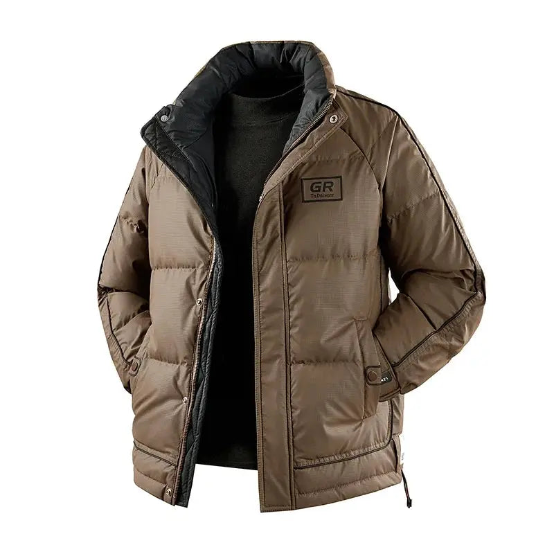 Men's brown down puffer jacket, quilted windproof casual outerwear with GR logo patch