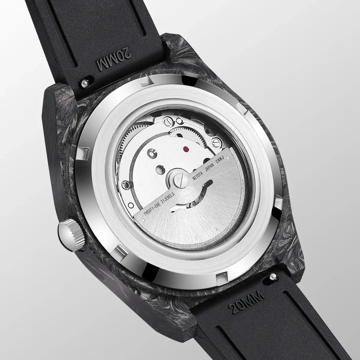 Carbon Fibre Luminous 40mm Automatic Watch with exposed Miyota movement and black silicone strap