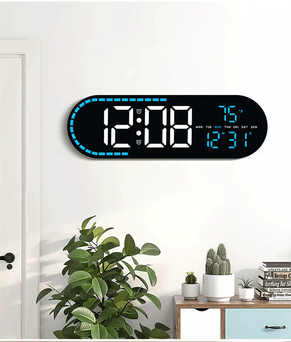 Digital LED wall clock with two alarms, black oval case, blue LED accents, temperature and date and week display