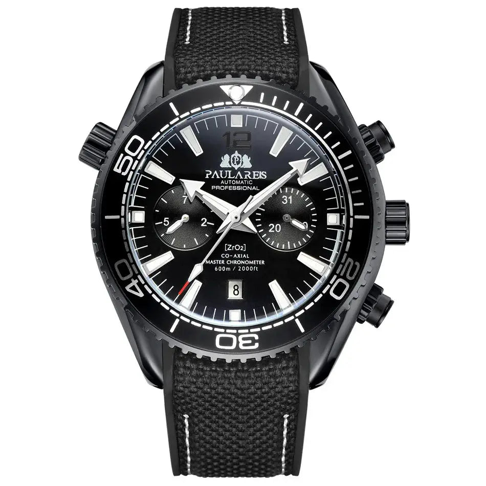 PAULAREIS P luxury men's automatic watch with black dial and black fabric strap, luminous markers