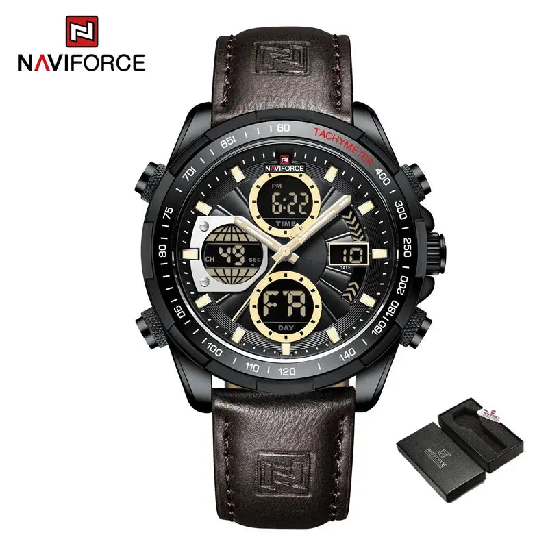 NAVIFORCE men's leather chronograph watch with brown strap and black dial, with box