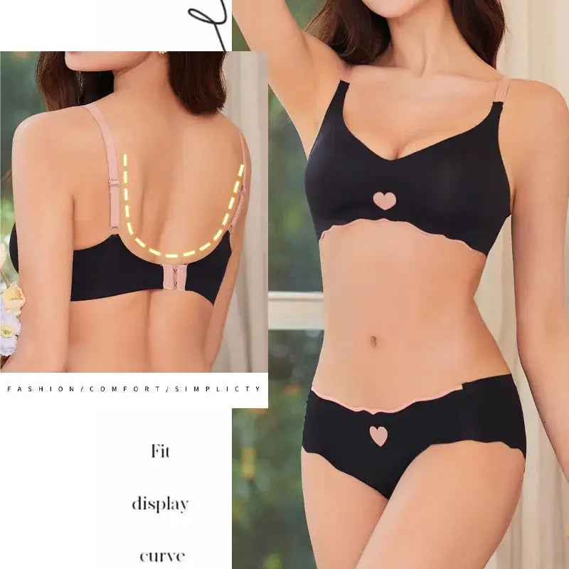 Women's seamless bra with adjustable pink straps, underwire, black with center heart detail