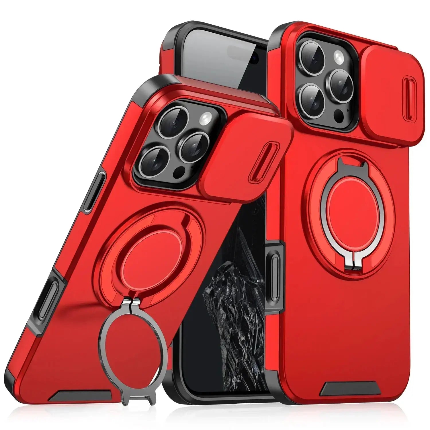 Rugged magnetic bracket iPhone case in red with camera protection and ring stand