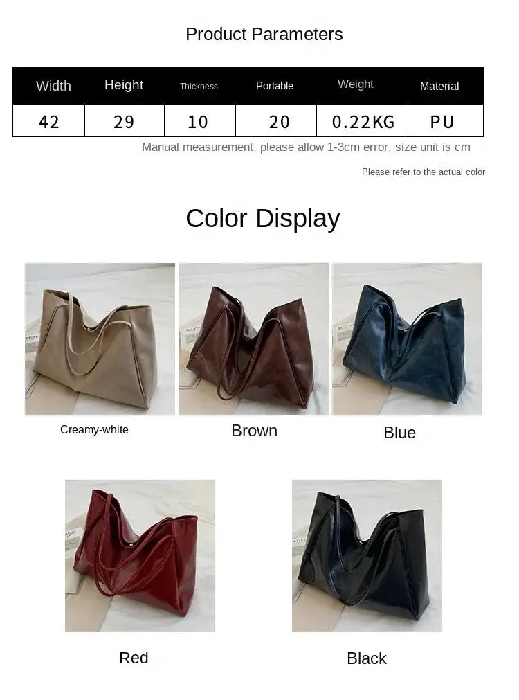 Simples Market women tote bag in PU leather, five color options: creamy-white, brown, blue, red, black.