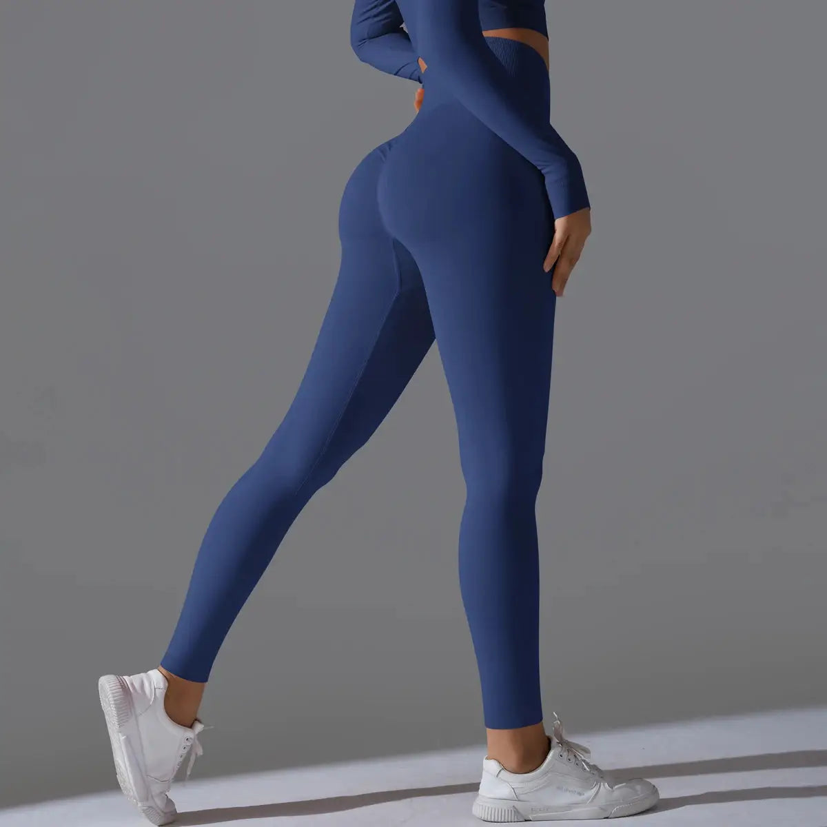 Women's seamless yoga leggings, blue, high-waist tummy control with scrunch butt lift