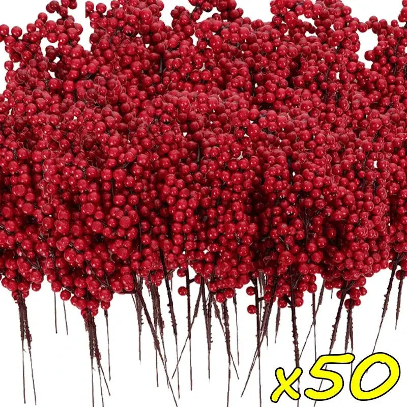 50 Count Artificial Holly Berry Stem With Red Berries For Christmas Tree Decoration Home Decor Ornament