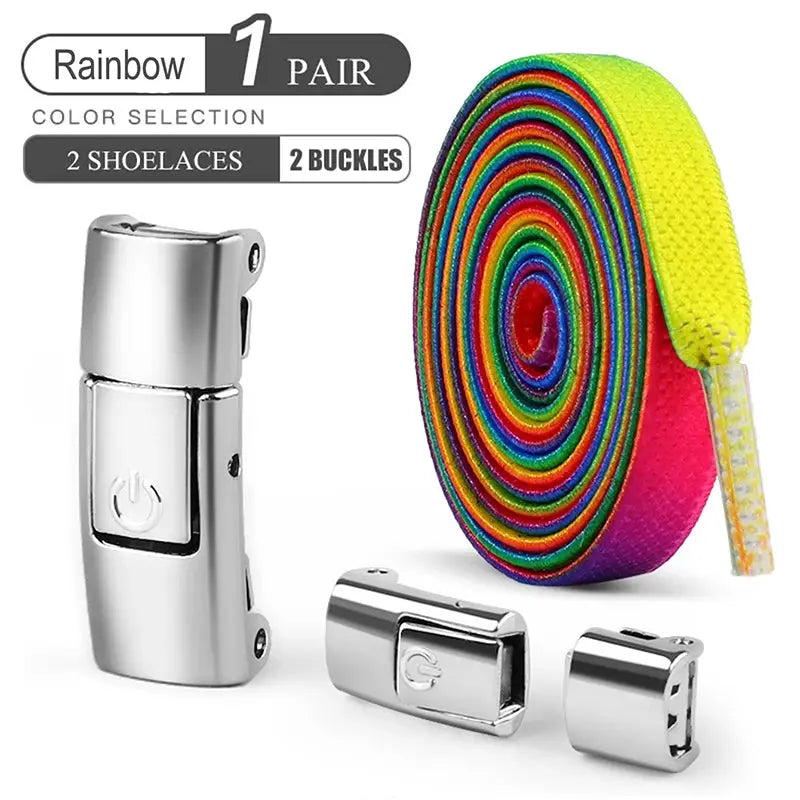 Simples Market 8mm rainbow no-tie elastic shoe laces with press-lock buckles (1 pair, 2 buckles)