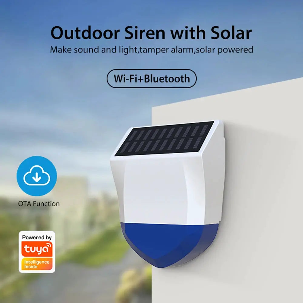 Tuya Smart outdoor solar Wi‑Fi siren alarm by Simples Market; white wall-mount unit with blue base, 95dB