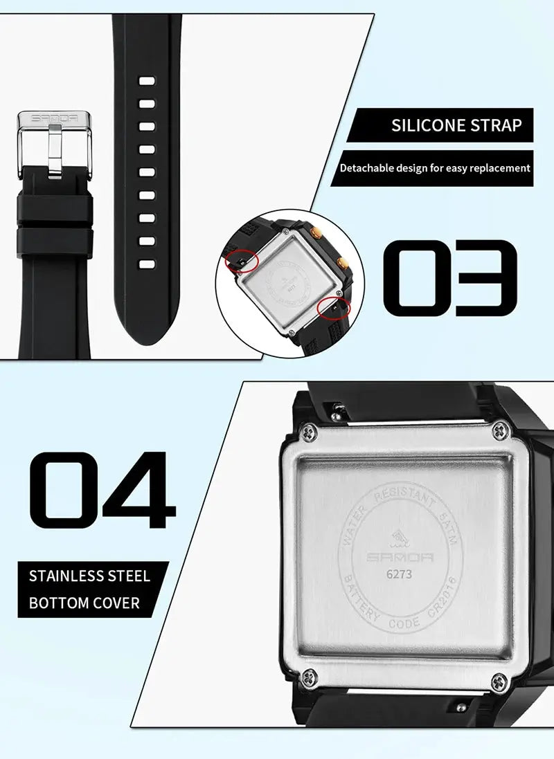 SANDA 6273 square dual-time wristwatch with black silicone strap and stainless steel back