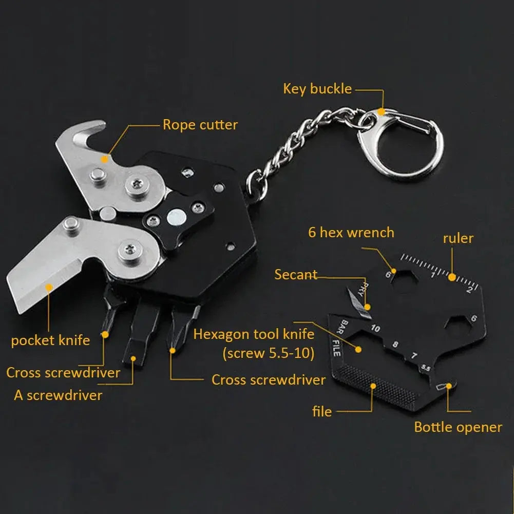 Multifunctional keychain tool from Simples Market with six hex wrenches, pocket knife, bottle opener, and rope cutter