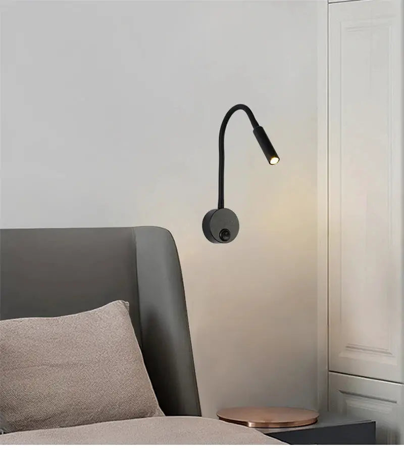 Black LED flexible-hose wall lamp with gooseneck, bedside reading light with switch