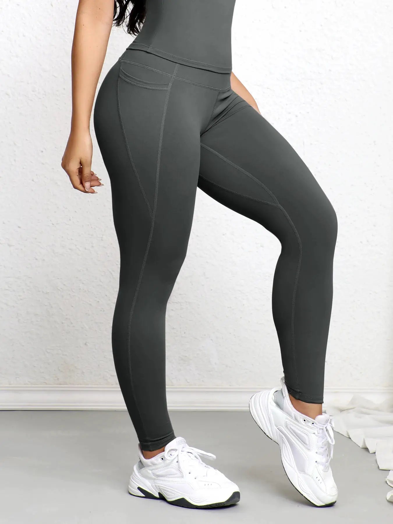 Women's leggings with pockets, gray high-waist workout tights