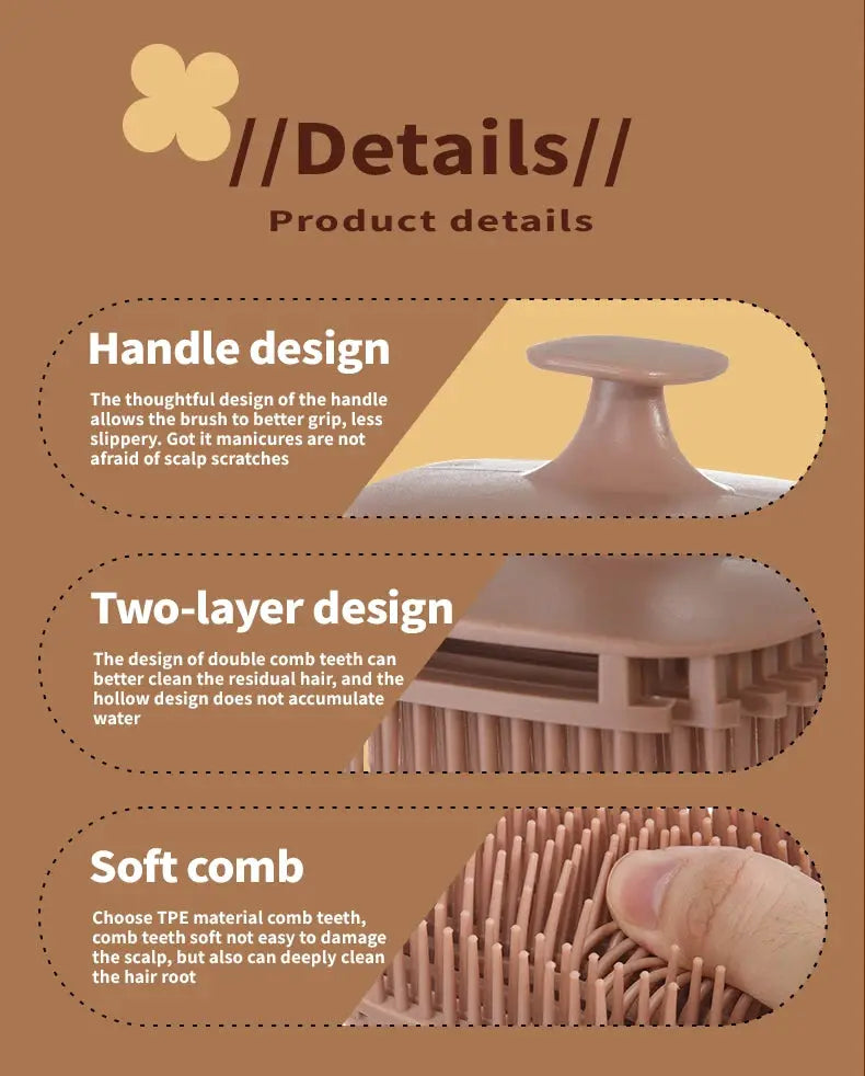 Simples Market 1pc silicone shampoo brush head in brown with soft comb