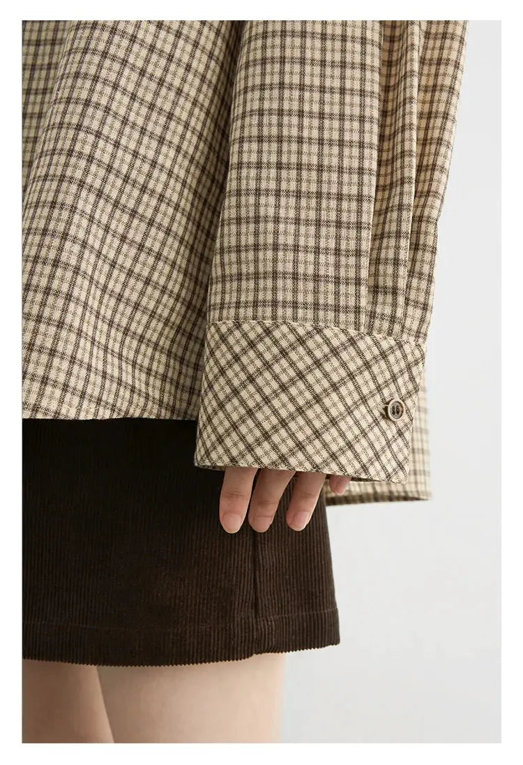 CHIC VEN women's plaid blouse, loose fit with beige-brown check pattern and cuff button.