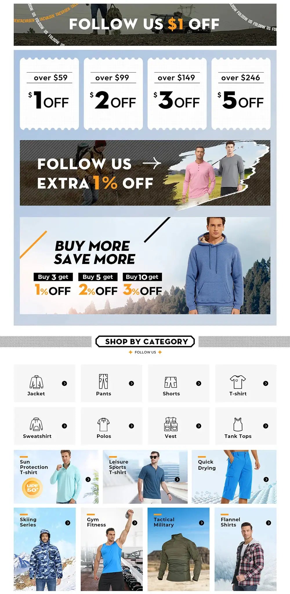 TACVASEN spring/autumn mesh-lined waterproof rain jacket for men; product page by Simples Market with promo banners