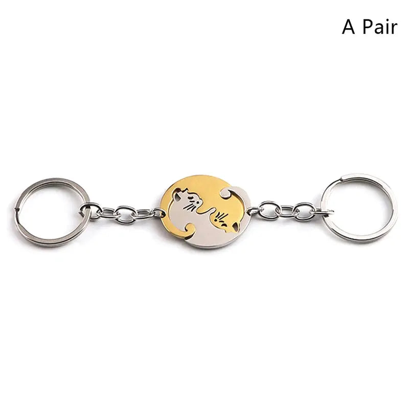 Cute Cat Hug Keychain with stainless steel two-tone round heart patchwork charm, Simples Market gift for couples