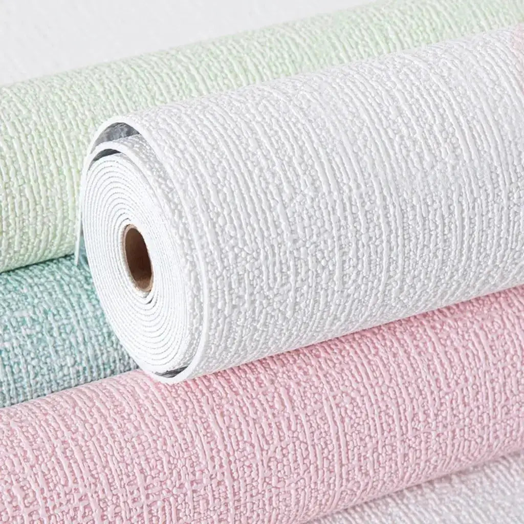 3 rolls of Simples Market 3D imitation linen wallpaper; self-adhesive PVC foam background wall stickers in white, mint, and pink.
