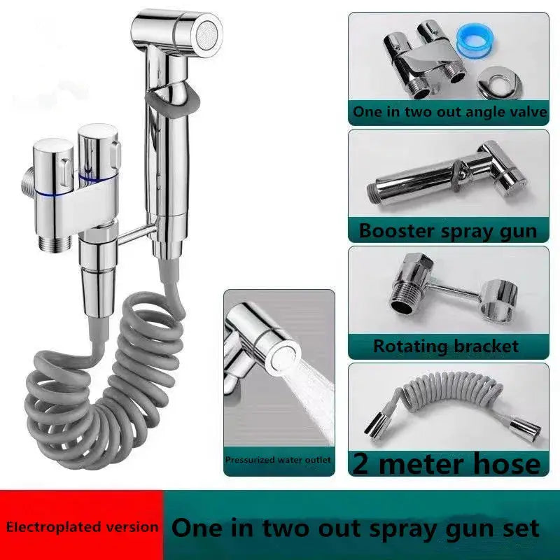 Handheld spray gun set in chrome finish with 2m coiled hose, dual-outlet valve, booster spray gun, and rotating bracket