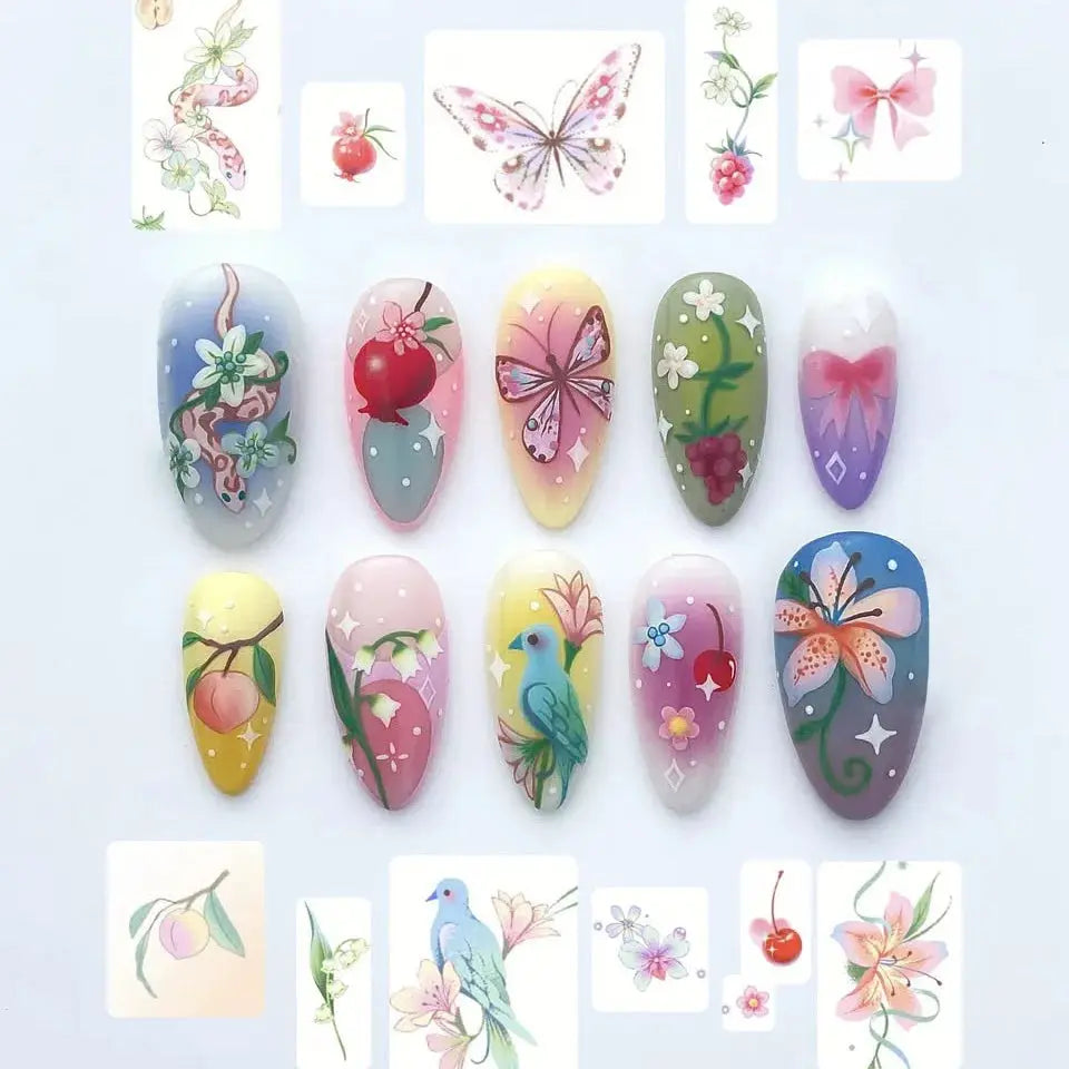 Spicy Girl Flower Print Press On Nails 24Pcs Wine Red Blush Almond Wearable Reusable False Nail Tips For Summer