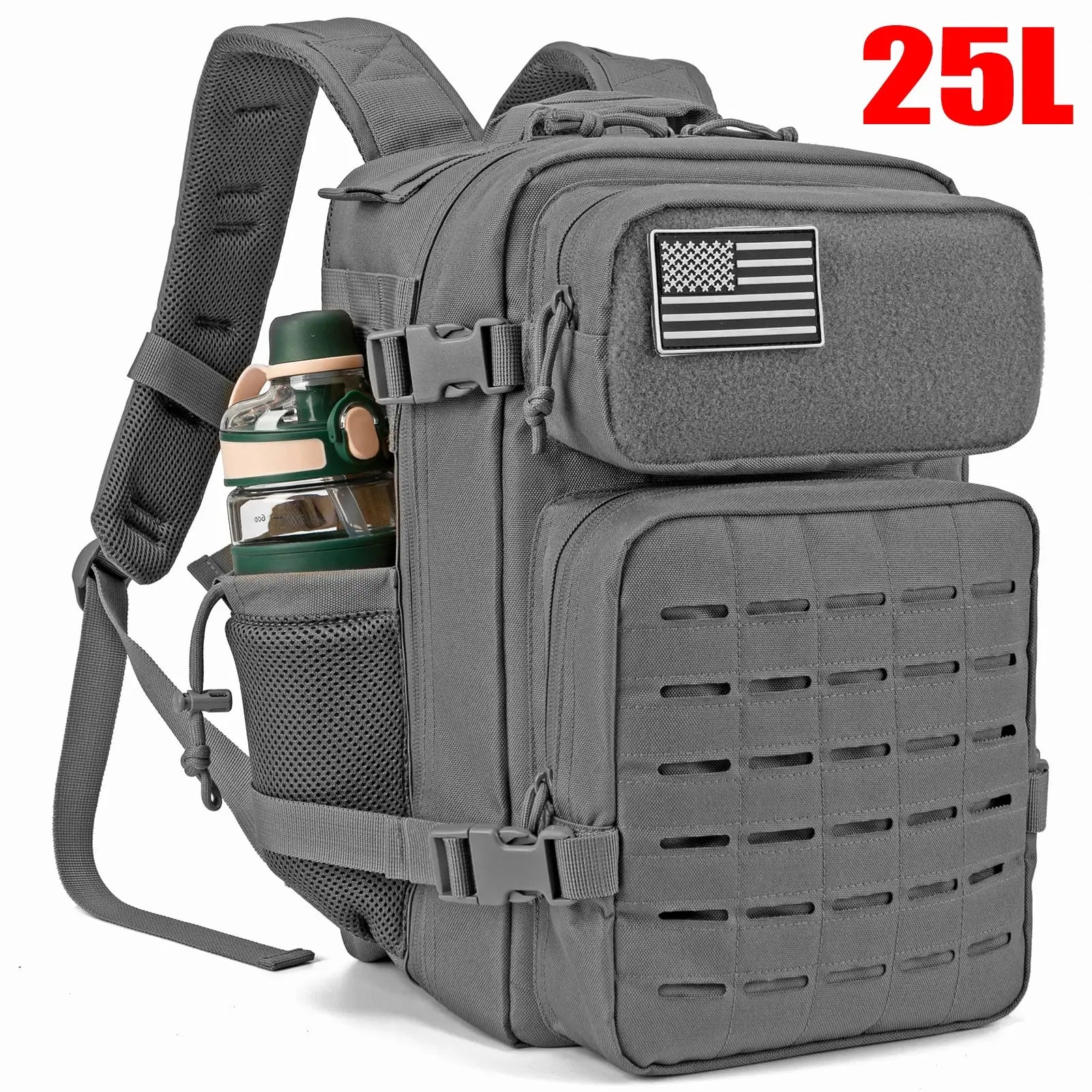 25L/45L Simples Market tactical backpack in grey with MOLLE webbing, water bottle holder