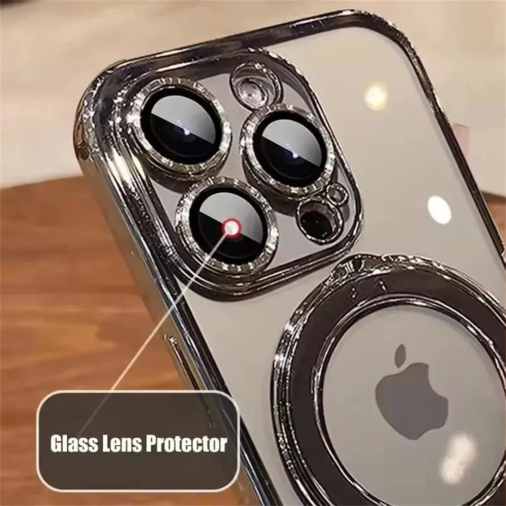 Clear MagSafe phone case with glass lens protector rings around triple cameras and wireless charging ring stand