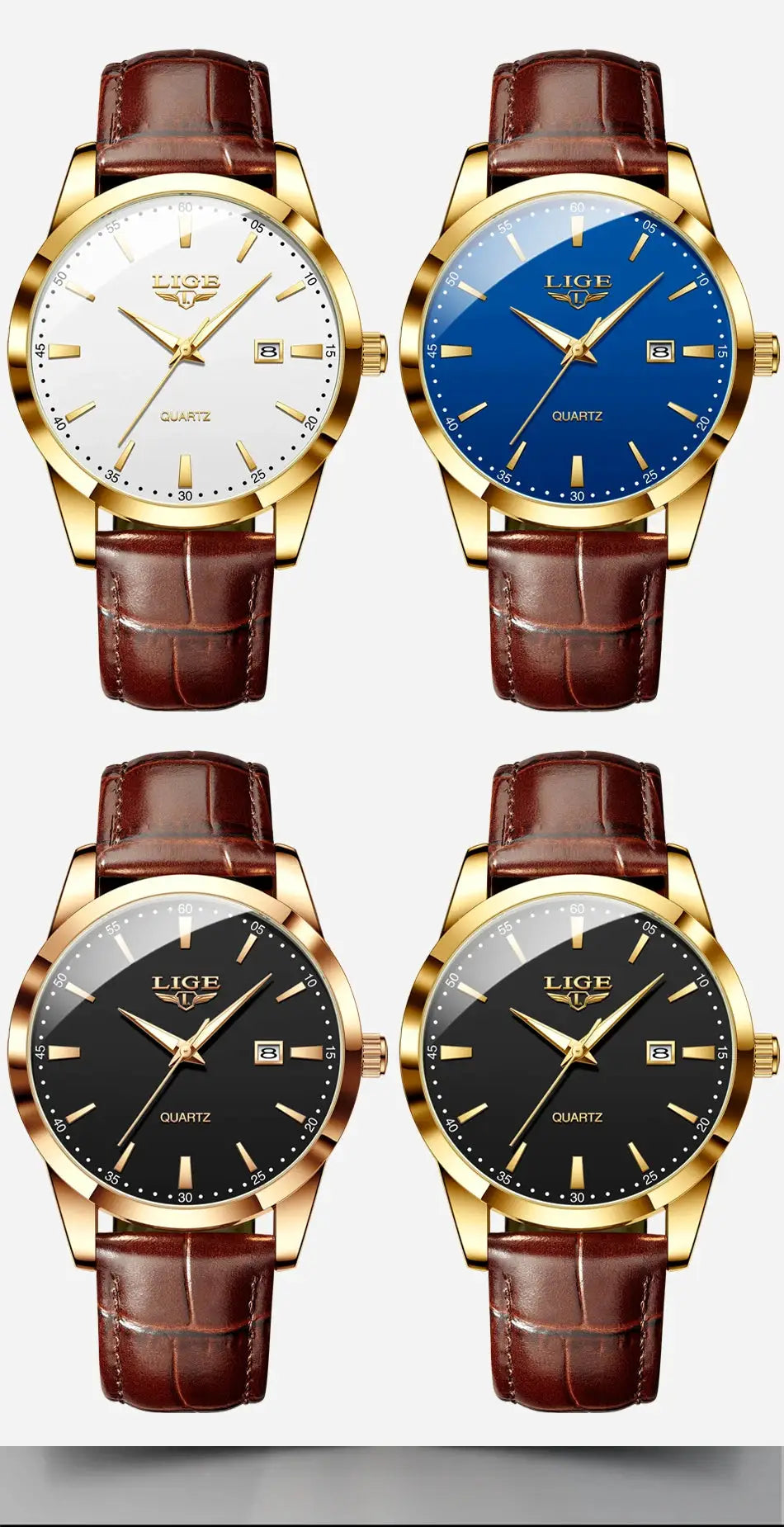 LIGE men's quartz watches set with gold-tone cases and brown leather straps in white, blue, and black dials (4 watches)