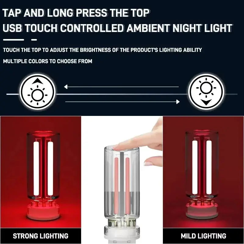 3-pack portable USB touch night lights with LED filament in red and clear variants, adjustable brightness