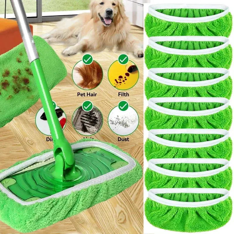 Six green microfiber mop pads for wet-dry sweeper; reusable replacement mop head