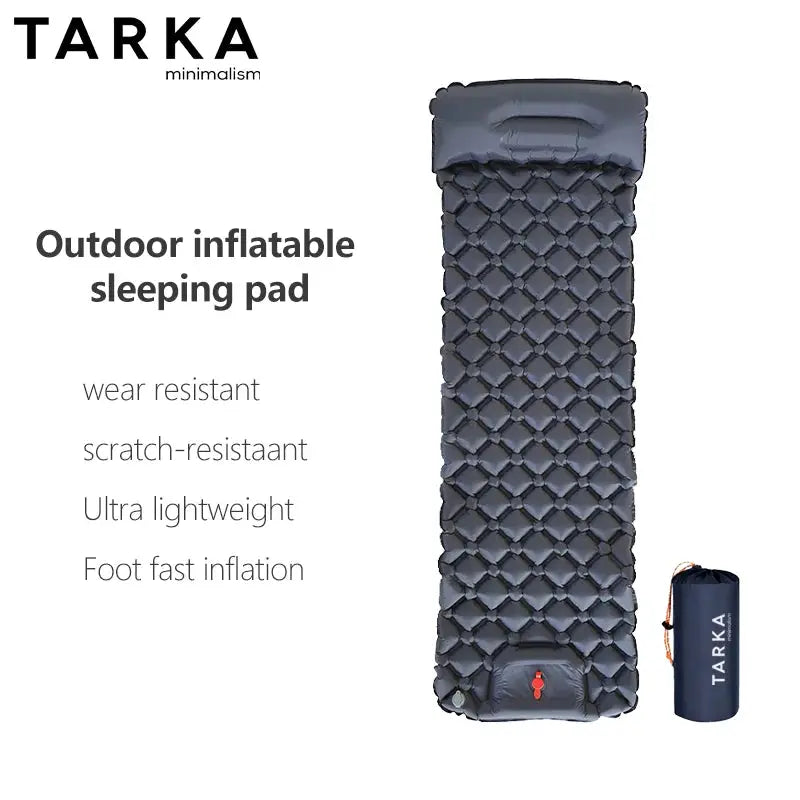 TARKA inflatable camping sleeping pad, ultralight dark gray with diamond-pattern surface and carry bag