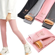 Girls 3 To 8 Years Fleece Lined Bunny Embroidered Leggings For Autumn Winter Thermal Tights