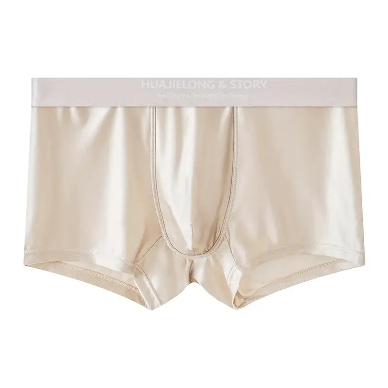 Men's satin boxers in beige ice silk with HUAJIELONG & STORY waistband, size 4XL