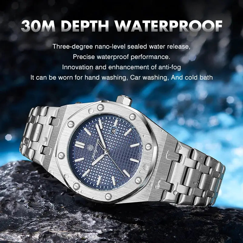 PAAZOMU luxury stainless steel men's quartz watch with blue textured dial, date window, 30m waterproof