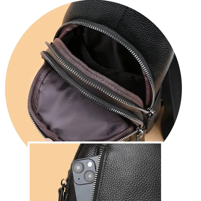 Genuine leather men’s chest bag with dual zip compartments, black crossbody messenger style.