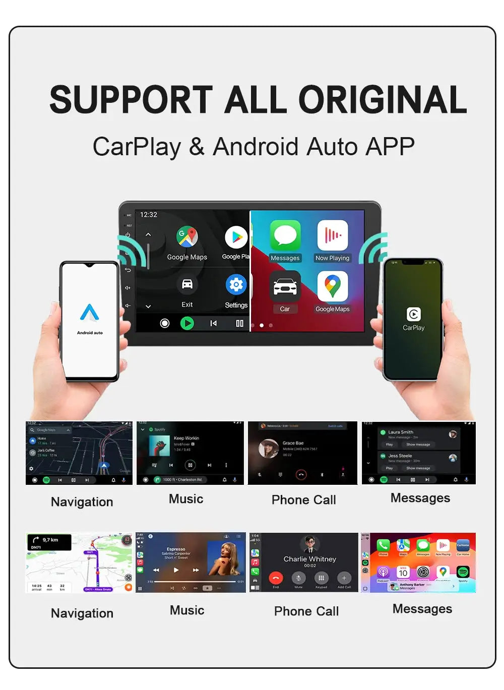 XUDA 2in1 wireless CarPlay and Android Auto adapter with two smartphones connected to a car infotainment screen