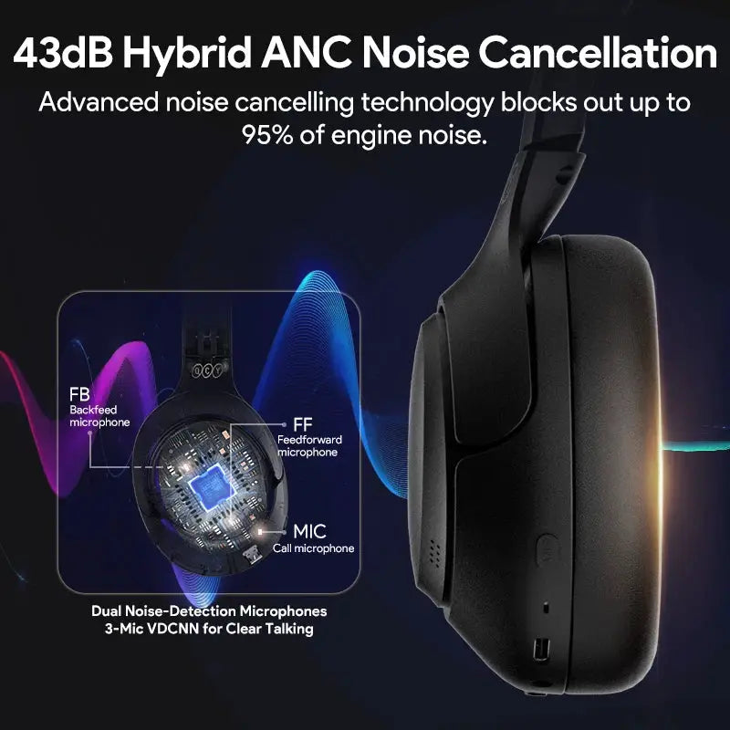 QCY H3 ANC wireless over-ear headphones, black; Bluetooth 5.4, 43dB hybrid ANC