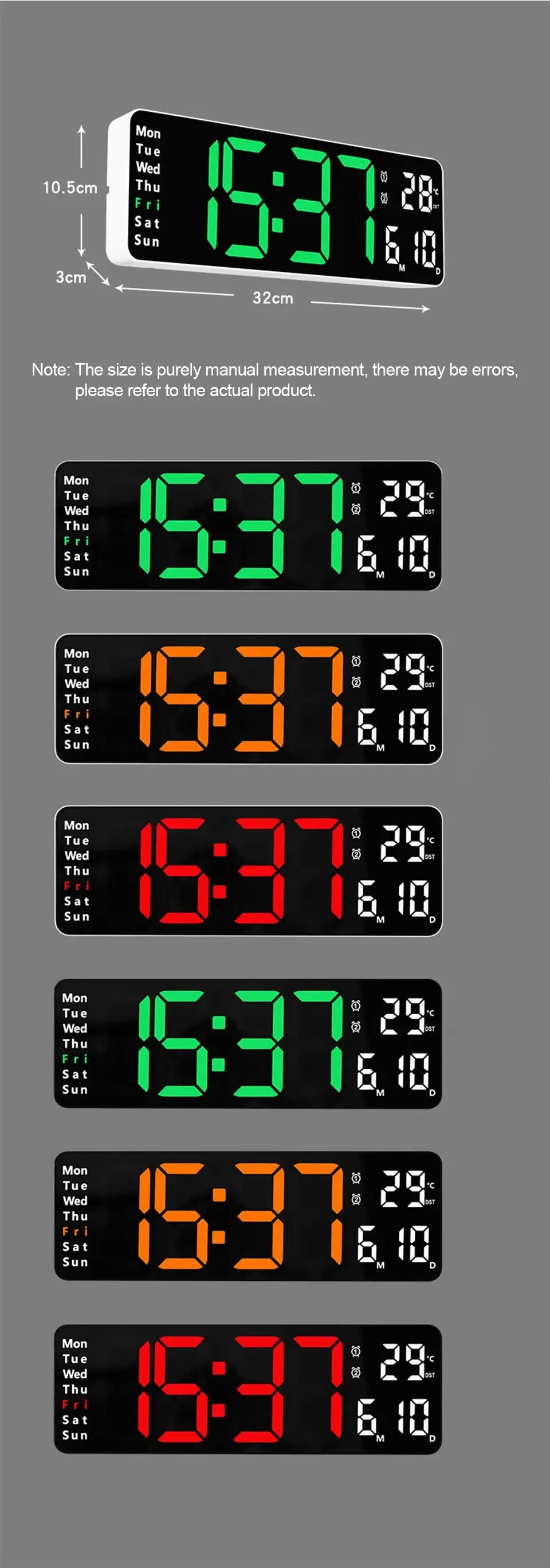 Large black digital wall clock with LED display in multiple colors showing time, date and temperature