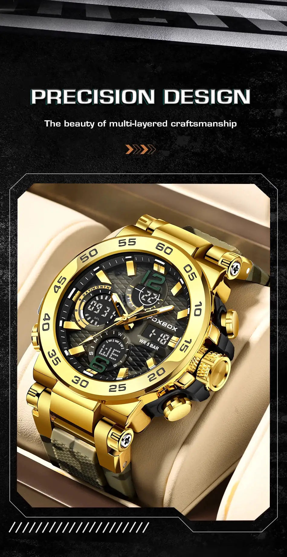 LIGE men's gold-tone wristwatch with LED display, black dial, and chronograph features