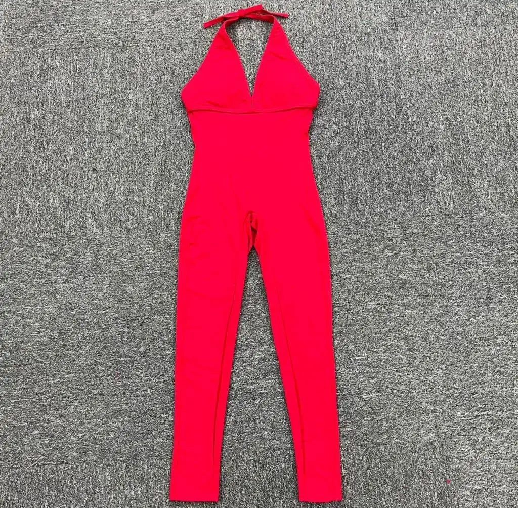Red yoga jumpsuit for women with padding, halter neckline, full-length athletic overalls by Simples Market
