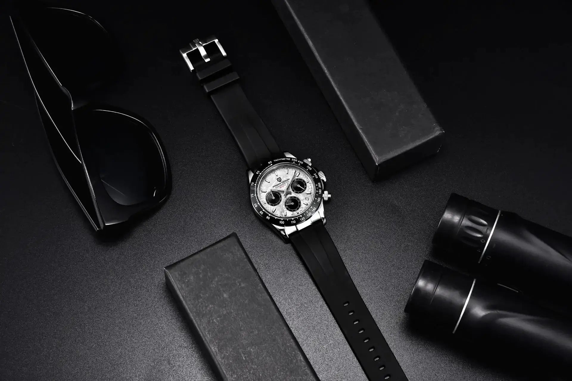 Pagani Design 40mm V2 chronograph men's watch with black silicone strap and tachymeter bezel.