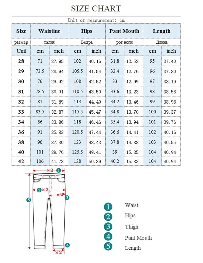 Men's denim Harajuku straight jeans with cargo pockets; size chart shows waist, hips, and length measurements